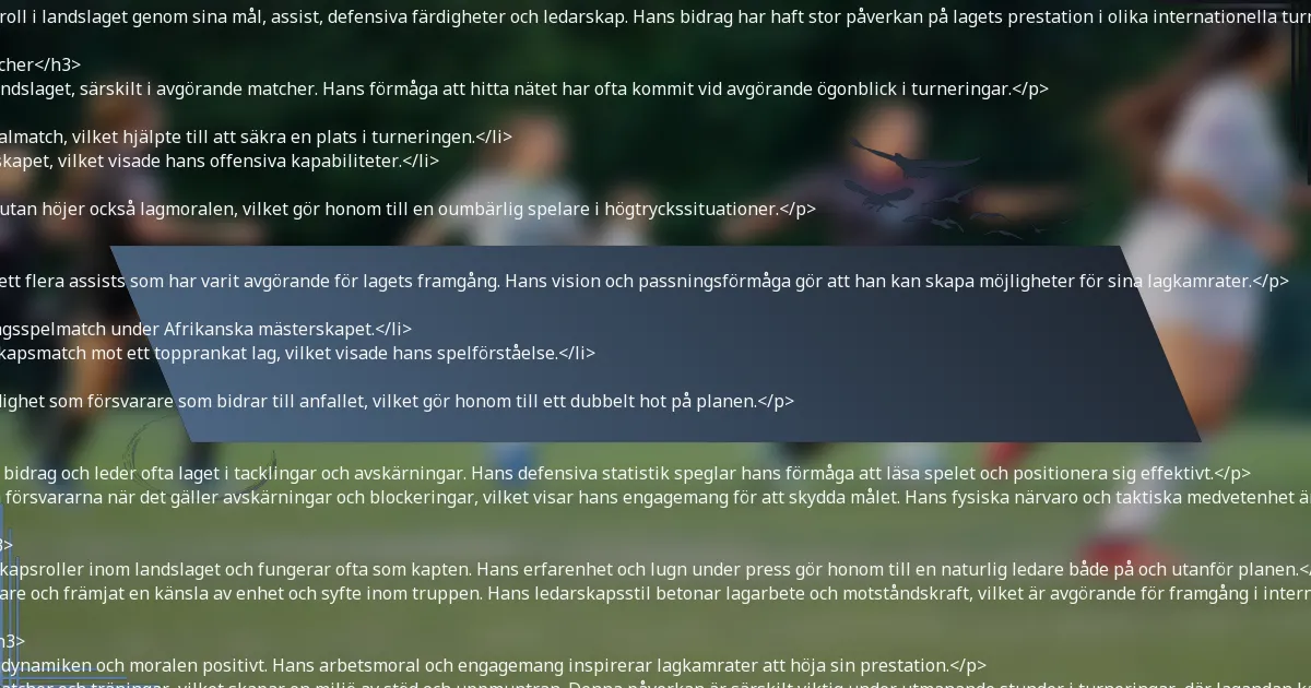 <p>Romain Saïss har spelat en avgörande roll i landslaget genom sina mål, assist, defensiva färdigheter och ledarskap. Hans bidrag har haft stor påverkan på lagets prestation i olika internationella turneringar.</p>

<h3>Mål gjorda under internationella matcher</h3>
<p>Saïss har varit en nyckelmålskytt för landslaget, särskilt i avgörande matcher. Hans förmåga att hitta nätet har ofta kommit vid avgörande ögonblick i turneringar.</p>
<ul>
    <li>Gjorde ett avgörande mål i en VM-kvalmatch, vilket hjälpte till att säkra en plats i turneringen.</li>
    <li>Bidrog med mål i Afrikanska mästerskapet, vilket visade hans offensiva kapabiliteter.</li>
</ul>
<p>Hans mål lyfter inte bara poängtavlan utan höjer också lagmoralen, vilket gör honom till en oumbärlig spelare i högtryckssituationer.</p>

<h3>Assists givna i nyckelmatcher</h3>
<p>Förutom att göra mål har Saïss också gett flera assists som har varit avgörande för lagets framgång. Hans vision och passningsförmåga gör att han kan skapa möjligheter för sina lagkamrater.</p>
<ul>
    <li>Levererade en nyckelassist i en utslagsspelmatch under Afrikanska mästerskapet.</li>
    <li>Ställde upp ett kritiskt mål i en vänskapsmatch mot ett topprankat lag, vilket visade hans spelförståelse.</li>
</ul>
<p>Dessa assists framhäver hans mångsidighet som försvarare som bidrar till anfallet, vilket gör honom till ett dubbelt hot på planen.</p>

<h3>Defensiva bidrag och statistik</h3>
<p>Saïss är känd för sina starka defensiva bidrag och leder ofta laget i tacklingar och avskärningar. Hans defensiva statistik speglar hans förmåga att läsa spelet och positionera sig effektivt.</p>
<p>Han rankas konsekvent bland de bästa försvararna när det gäller avskärningar och blockeringar, vilket visar hans engagemang för att skydda målet. Hans fysiska närvaro och taktiska medvetenhet är ovärderliga tillgångar för landslaget.</p>

<h3>Ledarskapsroller och kaptenskap</h3>
<p>Saïss har tagit på sig betydande ledarskapsroller inom landslaget och fungerar ofta som kapten. Hans erfarenhet och lugn under press gör honom till en naturlig ledare både på och utanför planen.</p>
<p>Som kapten har han väglett yngre spelare och främjat en känsla av enhet och syfte inom truppen. Hans ledarskapsstil betonar lagarbete och motståndskraft, vilket är avgörande för framgång i internationella tävlingar.</p>

<h3>Påverkan på lagdynamik och moral</h3>
<p>Saïss närvaro i landslaget påverkar lagdynamiken och moralen positivt. Hans arbetsmoral och engagemang inspirerar lagkamrater att höja sin prestation.</p>
<p>Han ses ofta motivera spelare under matcher och träningar, vilket skapar en miljö av stöd och uppmuntran. Denna påverkan är särskilt viktig under utmanande stunder i turneringar, där lagandan kan göra en betydande skillnad.</p>

<h2>Vilka utmärkelser har Romain Saïss fått medan han spelat för landslaget?